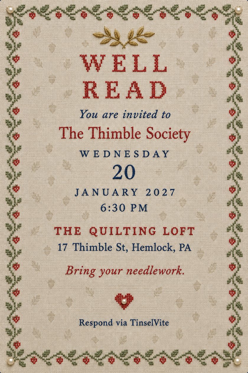 Book club invitation on oatmeal linen with a cross-stitched vine and strawberry border, a gold laurel sprig above the red stitched title WELL READ, and the date and venue below.
