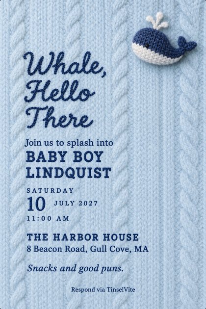 Powder-blue cable-knit wool background with a small navy and white knitted whale at the top right. Navy chain-stitched script reads Whale, Hello There above BABY BOY LINDQUIST, with the date and venue below.