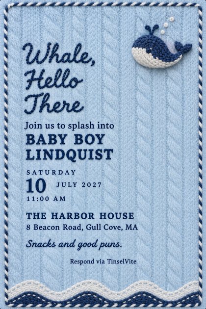 Cable-knit powder-blue card with a twisted navy-and-white rope border, chain-stitch script 'Whale, Hello There', a knitted whale and bubbles top right, 'BABY BOY LINDQUIST' and stitched waves below.