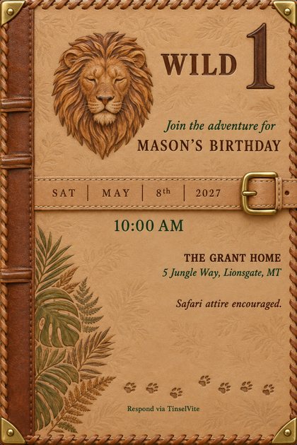 First birthday invitation styled as a leather field journal cover with a carved lion head, jungle leaves, paw prints, Wild 1 lettering and a buckled strap, with the date and venue below.