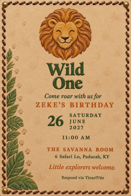 Birthday invitation on tan leather with a smiling carved lion face at the top, green leaves climbing the left side, a laced brown border, brass rivets and the large title Wild One.