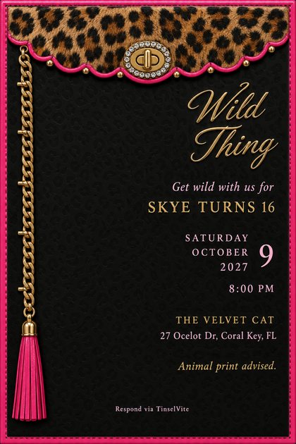 Black patent leather birthday invitation with a leopard print flap, pink piping, gold clasp, chain and tassel, and Wild Thing in gold script, with the date and venue below.