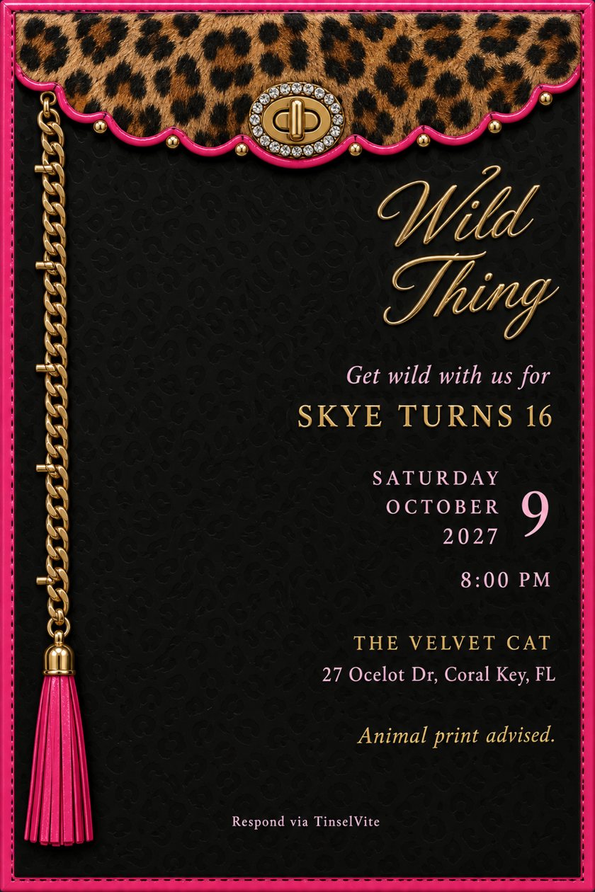 Black patent leather birthday invitation with a leopard print flap, pink piping, gold clasp, chain and tassel, and Wild Thing in gold script, with the date and venue below.