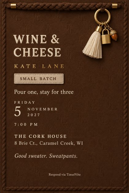 Chocolate suede card with a braided cord border and top handle, a gold ring holding a cream tassel, padlock and acorn charm. Cream stitched WINE & CHEESE, a SMALL BATCH tab, date and venue below.