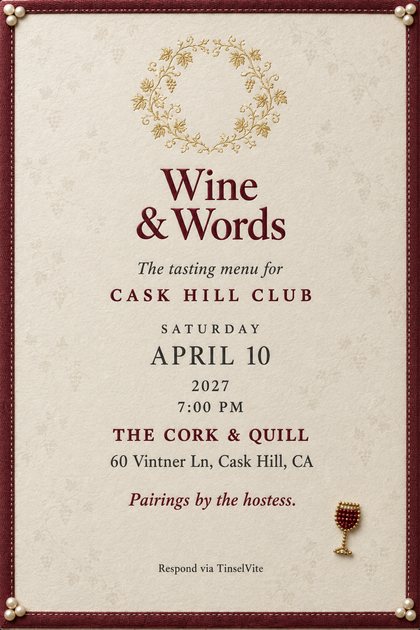 Book club invitation on ivory cardstock with burgundy silk border, pearl corners, gold grapevine wreath, beaded wine glass pin and Wine & Words in wine red, date and venue below.