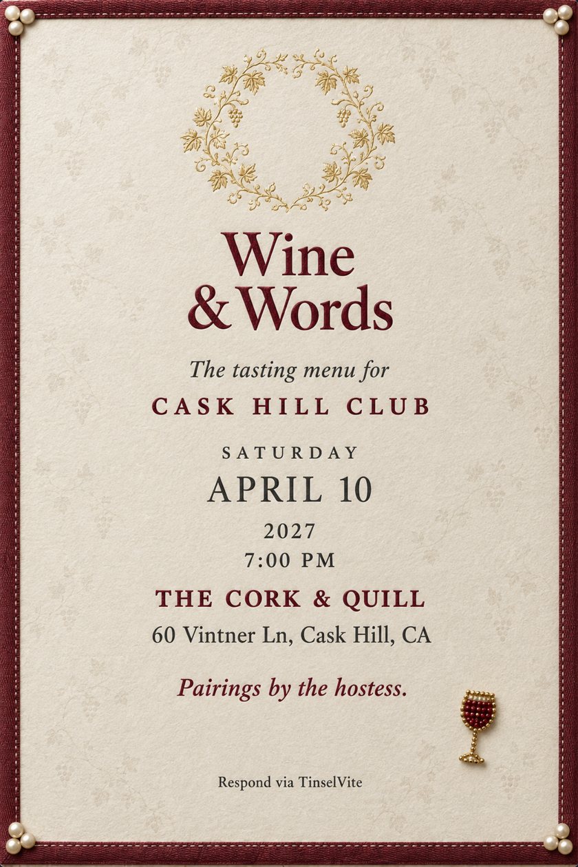 Book club invitation on ivory cardstock with burgundy silk border, pearl corners, gold grapevine wreath, beaded wine glass pin and Wine & Words in wine red, date and venue below.