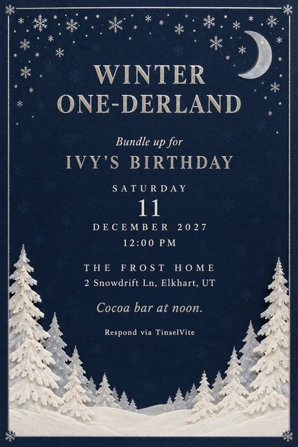 Birthday invitation on deep navy with a silver frame, snowflakes, a pale crescent moon and white paper pine trees; title Winter One-derland, with the date and venue below.
