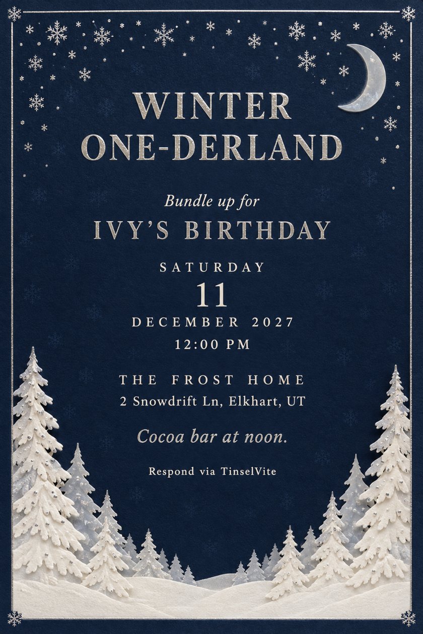 Birthday invitation on deep navy with a silver frame, snowflakes, a pale crescent moon and white paper pine trees; title Winter One-derland, with the date and venue below.