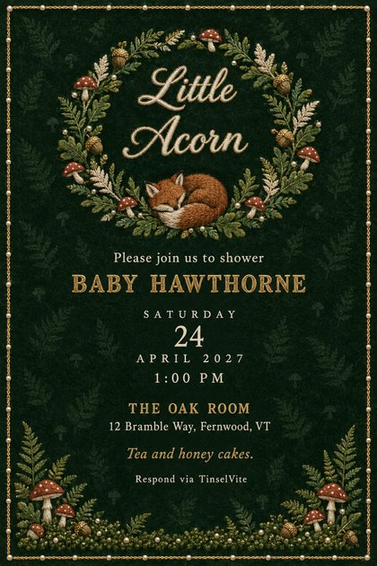 Baby shower invitation on deep green velvet with an embroidered fern and toadstool wreath, a curled sleeping fox, gold script Little Acorn, and the date and venue below.