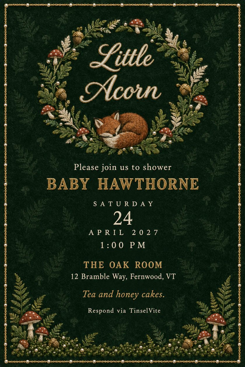 Baby shower invitation on deep green velvet with an embroidered fern and toadstool wreath, a curled sleeping fox, gold script Little Acorn, and the date and venue below.
