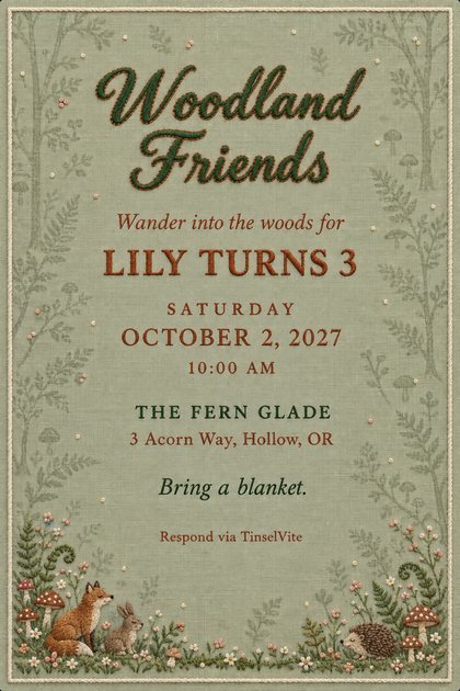 Birthday invitation on sage linen with a cream cord border, a fox, bunny and hedgehog among stitched mushrooms, and green script reading Woodland Friends, with date and venue below.