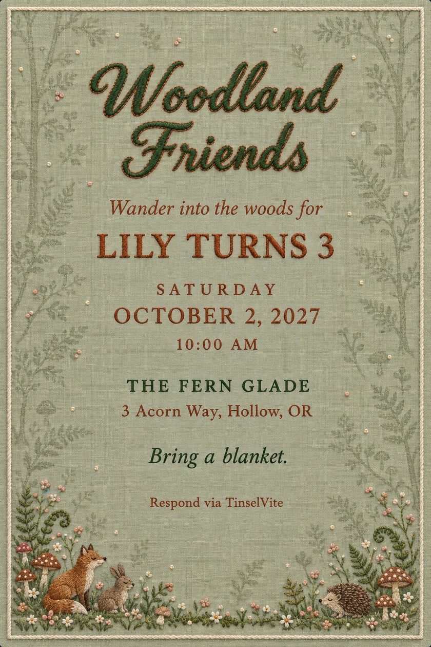 Birthday invitation on sage linen with a cream cord border, a fox, bunny and hedgehog among stitched mushrooms, and green script reading Woodland Friends, with date and venue below.
