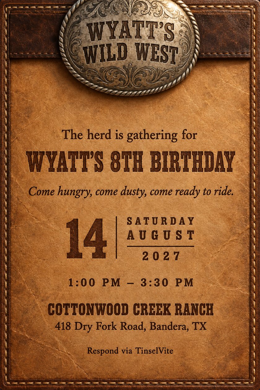 Tan saddle leather card with a stitched border and a dark strap across the top holding a large antiqued silver buckle engraved WYATT'S WILD WEST. Below: WYATT'S 8TH BIRTHDAY, with date and venue.