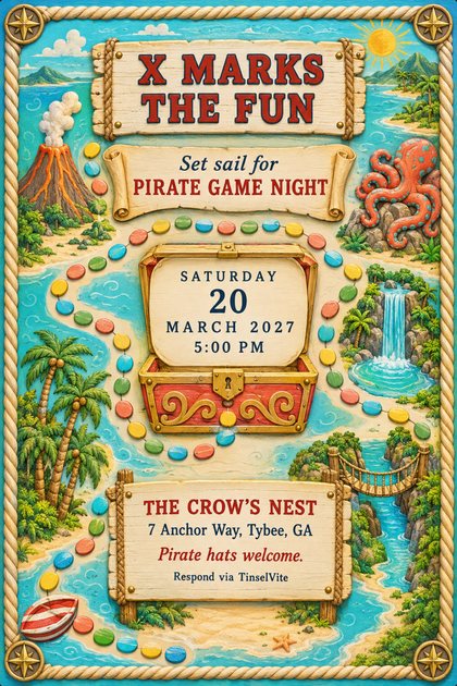 Pirate game night invitation on painted wood: a treasure map island with a rope border, a stone path and an open treasure chest, titled X Marks the Fun.