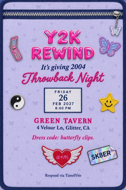 Just because throwback night invitation on ruled notebook paper with a glossy pink Y2K Rewind title, a butterfly hair clip, flip phones and CDs, with the date and venue below.