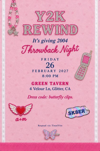 Y2K throwback party invitation in pink with rhinestone lettering reading Y2K Rewind, a beaded charm, a jeweled flip phone, a winged heart patch and a butterfly clip. Date and venue below.