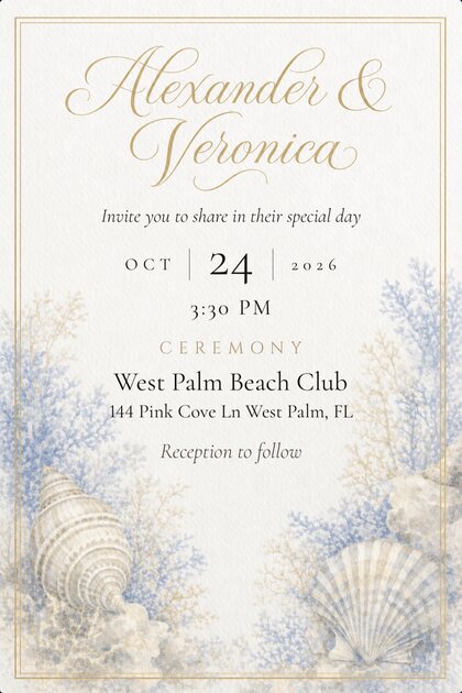 A TinselVite wedding invitation for Alexander and Veronica — October 24, 2026 at 3:30 PM, ceremony at West Palm Beach Club, 144 Pink Cove Lane, West Palm, Florida. Reception to follow.