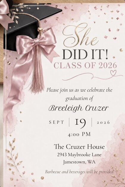 A TinselVite graduation invitation for Breeleigh Cruzer, class of 2026 — September 19, 2026 at 4:00 PM, The Cruzer House, 2943 Maybrooke Lane, Jamestown, Washington. Barbecue and beverages will be provided.