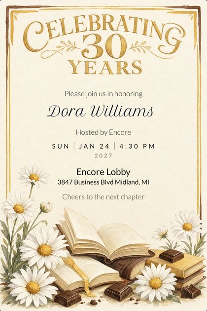 A TinselVite invitation celebrating 30 years, honoring Dora Williams and hosted by Encore — Sunday, January 24, 2027 at 4:30 PM, Encore Lobby, 3847 Business Boulevard, Midland, Michigan. Cheers to the next chapter.