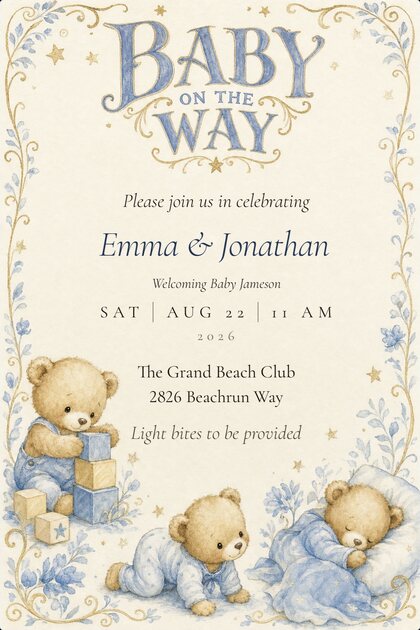 A TinselVite baby shower invitation for Emma and Jonathan, welcoming baby Jameson — Saturday, August 22, 2026 at 11:00 AM, The Grand Beach Club, 2826 Beachrun Way. Light bites to be provided.