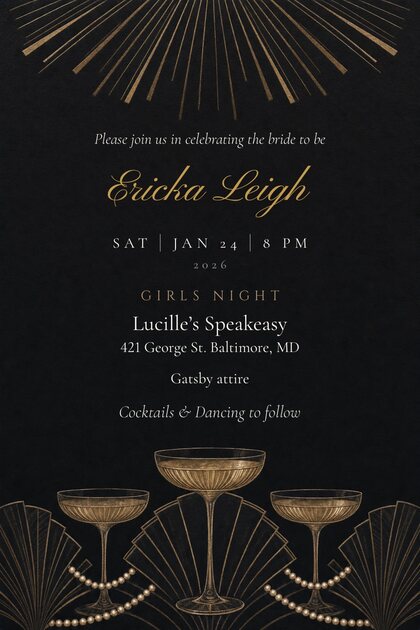 A TinselVite bachelorette invitation for bride-to-be Ericka Leigh — Saturday, January 24, 2026 at 8:00 PM, girls' night at Lucille's Speakeasy, 421 George Street, Baltimore, Maryland. Gatsby attire, cocktails and dancing to follow.