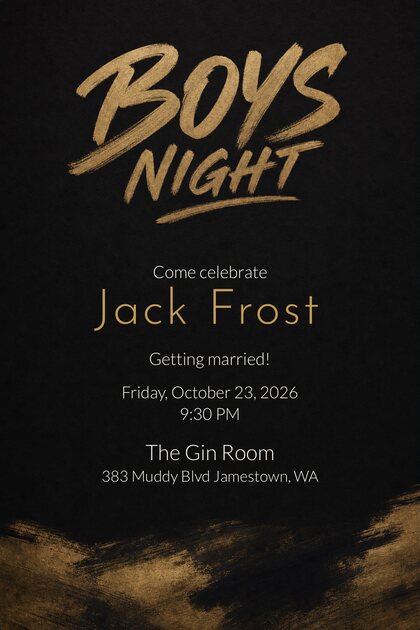 A TinselVite boys' night invitation for Jack Frost, who is getting married — Friday, October 23, 2026 at 9:30 PM, The Gin Room, 383 Muddy Boulevard, Jamestown, Washington.