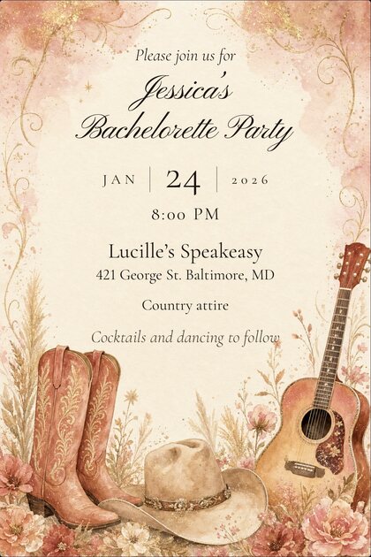 A TinselVite invitation to Jessica's bachelorette party — January 24, 2026 at 8:00 PM, Lucille's Speakeasy, 421 George Street, Baltimore, Maryland. Country attire, cocktails and dancing to follow.