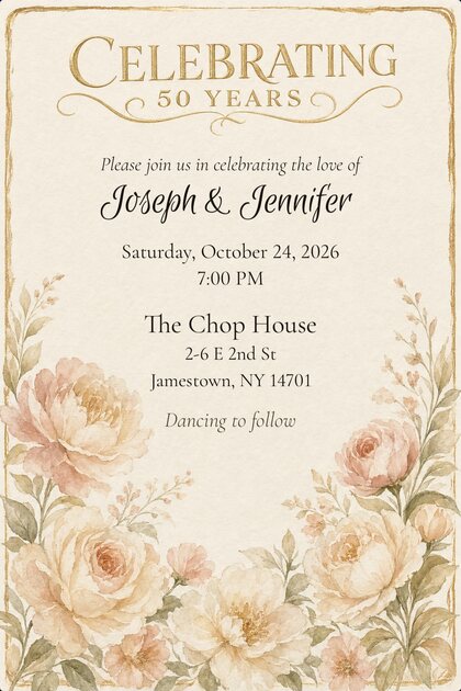 A TinselVite 50th anniversary invitation for Joseph and Jennifer — Saturday, October 24, 2026 at 7:00 PM, The Chop House, 2-6 East 2nd Street, Jamestown, New York. Dancing to follow.