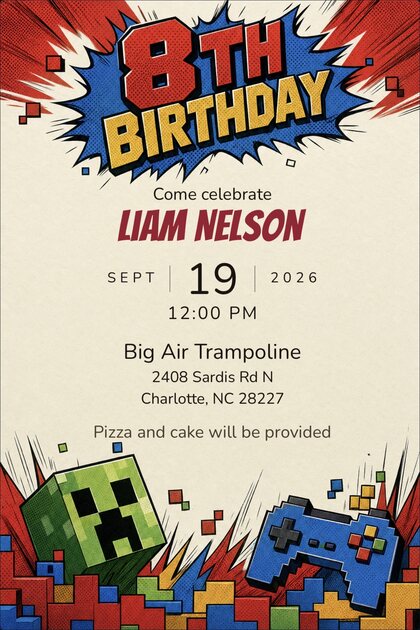 A TinselVite invitation to Liam Nelson's 8th birthday — September 19, 2026 at 12:00 PM, Big Air Trampoline, 2408 Sardis Road North, Charlotte, North Carolina. Pizza and cake will be provided.