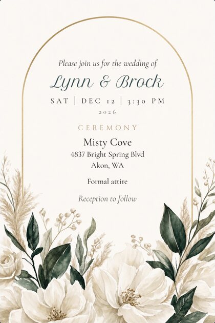 A TinselVite wedding invitation for Lynn and Brock — Saturday, December 12, 2026 at 3:30 PM, ceremony at Misty Cove, 4837 Bright Spring Boulevard, Akon, Washington. Formal attire, reception to follow.