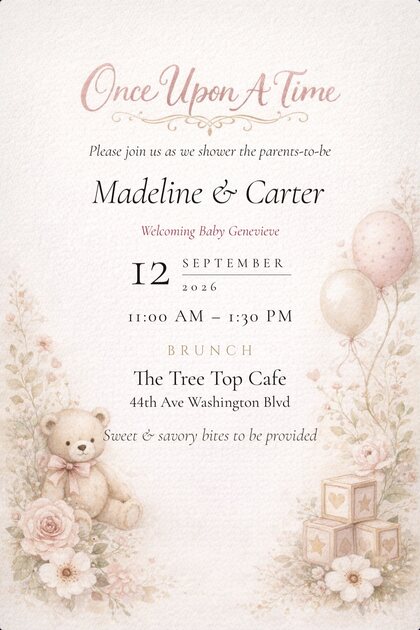 A TinselVite baby shower invitation for Madeline and Carter, welcoming baby Genevieve — September 12, 2026, 11:00 AM to 1:30 PM, brunch at The Tree Top Cafe, 44th Avenue Washington Boulevard. Sweet and savory bites to be provided.