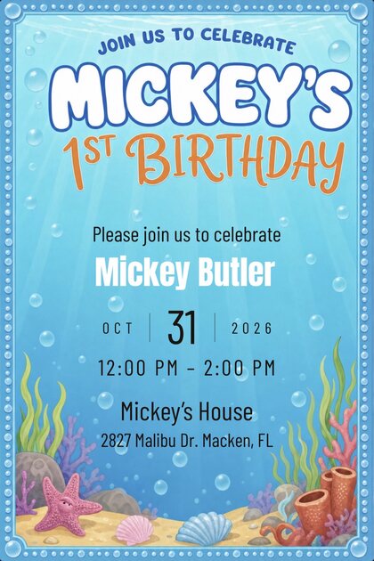 A TinselVite invitation to Mickey Butler's 1st birthday — October 31, 2026, 12:00 to 2:00 PM at Mickey's House, 2827 Malibu Drive, Macken, Florida.