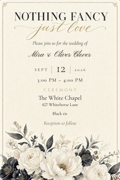 A TinselVite wedding invitation for Mira and Oliver Clover — September 12, 2026, 3:00 to 4:00 PM, ceremony at The White Chapel, 427 Whitehorse Lane. Black tie, reception to follow.