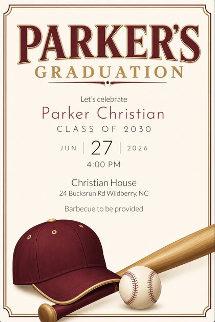 A TinselVite graduation invitation for Parker Christian, class of 2030 — June 27, 2026 at 4:00 PM, Christian House, 24 Bucksrun Road, Wildberry, North Carolina. Barbecue to be provided.