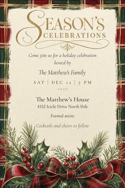 A TinselVite holiday party invitation hosted by The Matthew's Family — Saturday, December 12, 2026 at 7:00 PM, The Matthew's House, 4332 Icicle Drive, North Pole. Formal attire, cocktails and cheers to follow.