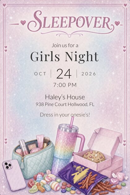 A TinselVite sleepover invitation for a girls' night — October 24, 2026 at 7:00 PM, Haley's House, 938 Pine Court, Hollwood, Florida. Dress in your onesies.