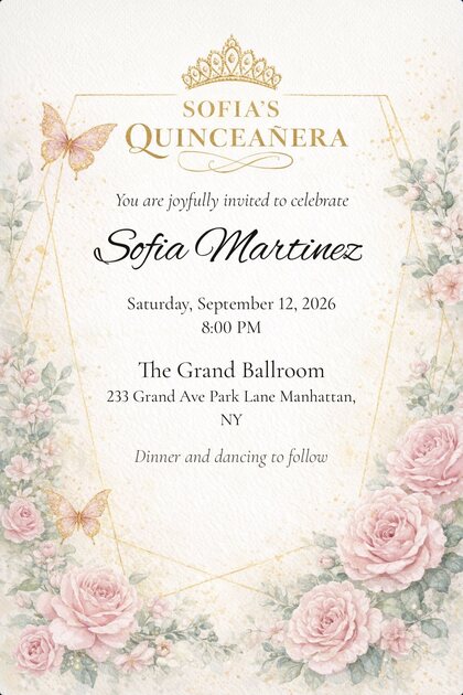 A TinselVite quinceañera invitation for Sofia Martinez — Saturday, September 12, 2026 at 8:00 PM, The Grand Ballroom, 233 Grand Avenue Park Lane, Manhattan, New York. Dinner and dancing to follow.