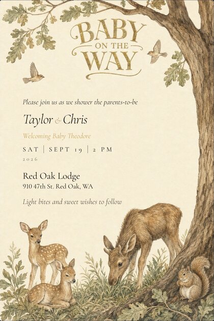 A TinselVite baby shower invitation for Taylor and Chris, welcoming baby Theodore — Saturday, September 19, 2026 at 2:00 PM, Red Oak Lodge, 910 47th Street, Red Oak, Washington. Light bites and sweet wishes to follow.