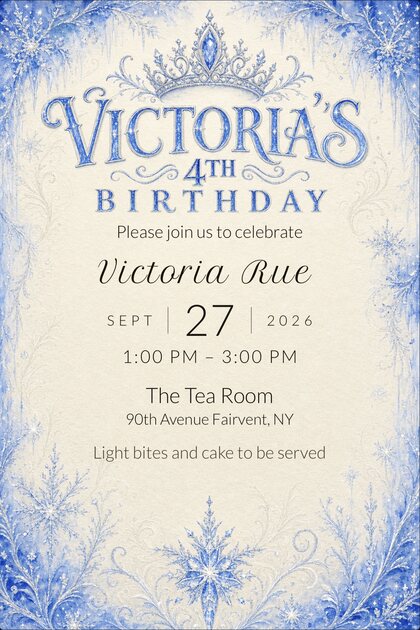A TinselVite invitation to Victoria Rue's 4th birthday — September 27, 2026, 1:00 to 3:00 PM at The Tea Room, 90th Avenue, Fairvent, New York. Light bites and cake to be served.